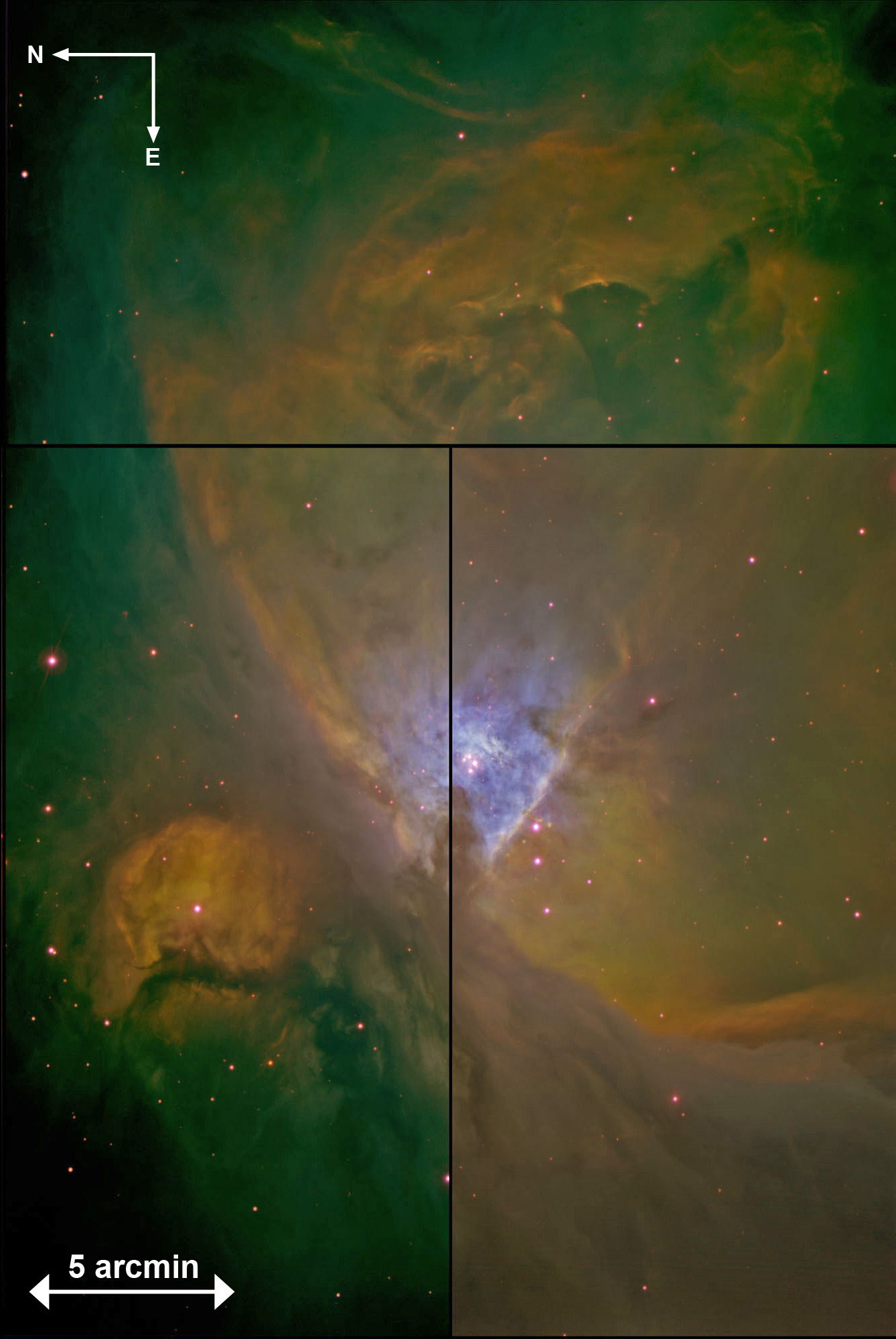 Nebulosa de Orin (M 42) y de Marian (M 43) observadas con la WFC en el telescopio 2.5m INT