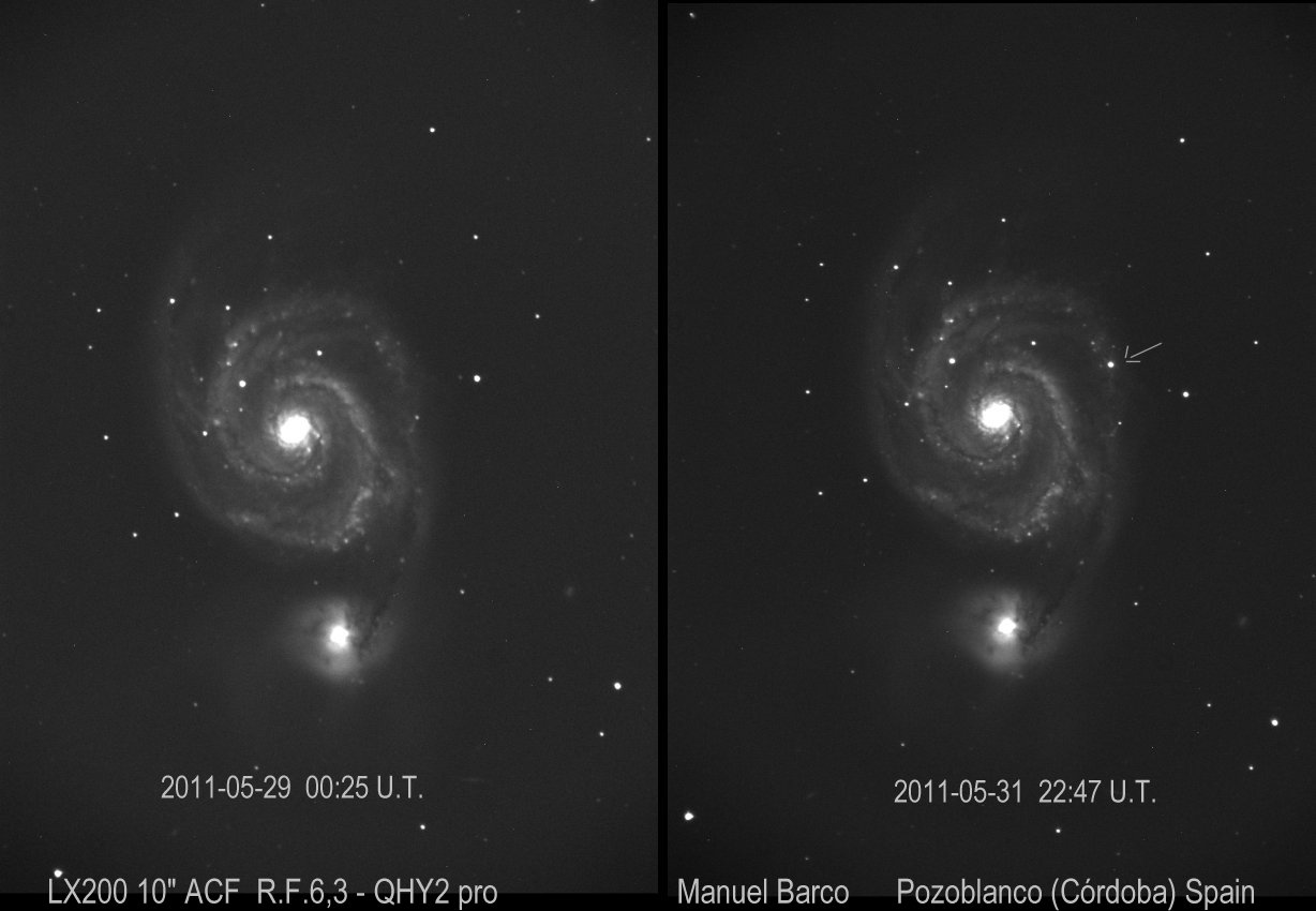 Dos tomas de M 51 mostrando la SN 2011hd (derecha) y dos das antes sin ella (izquierda), por Manolo Barco (Agrupacin Astronmica de Crdoba)