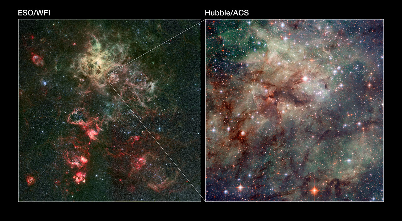 Nebulosa de la Tarntula (30 Doradus): imagen gran campo (izquierda) y detalle del HST (derecha)