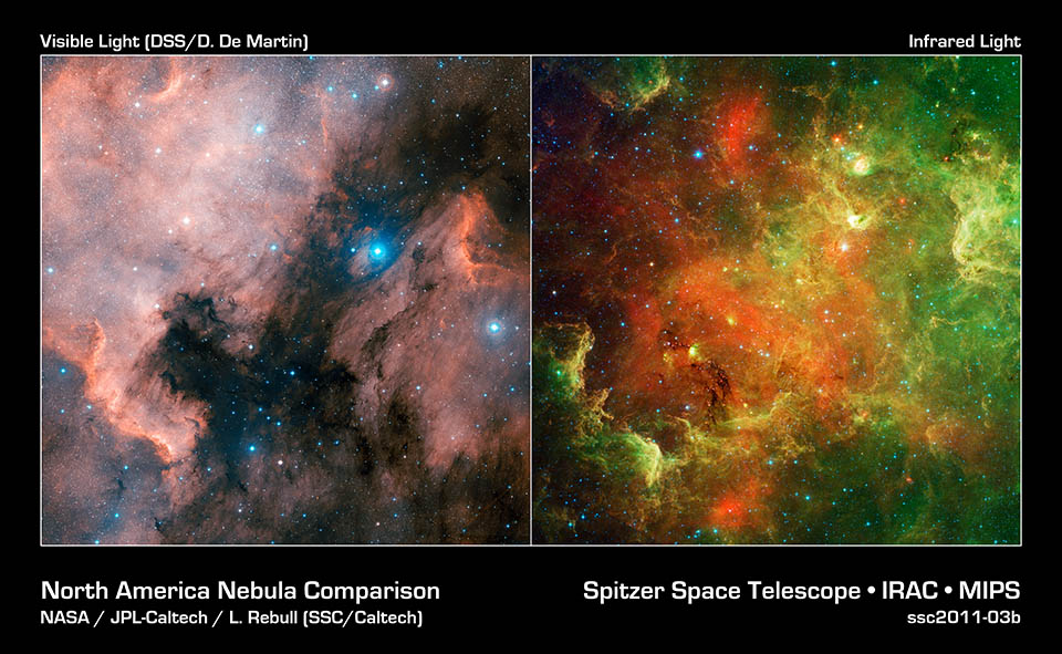 Nebulosa de Norteamrica en ptico (izquierda) e infrarrojo (derecha)